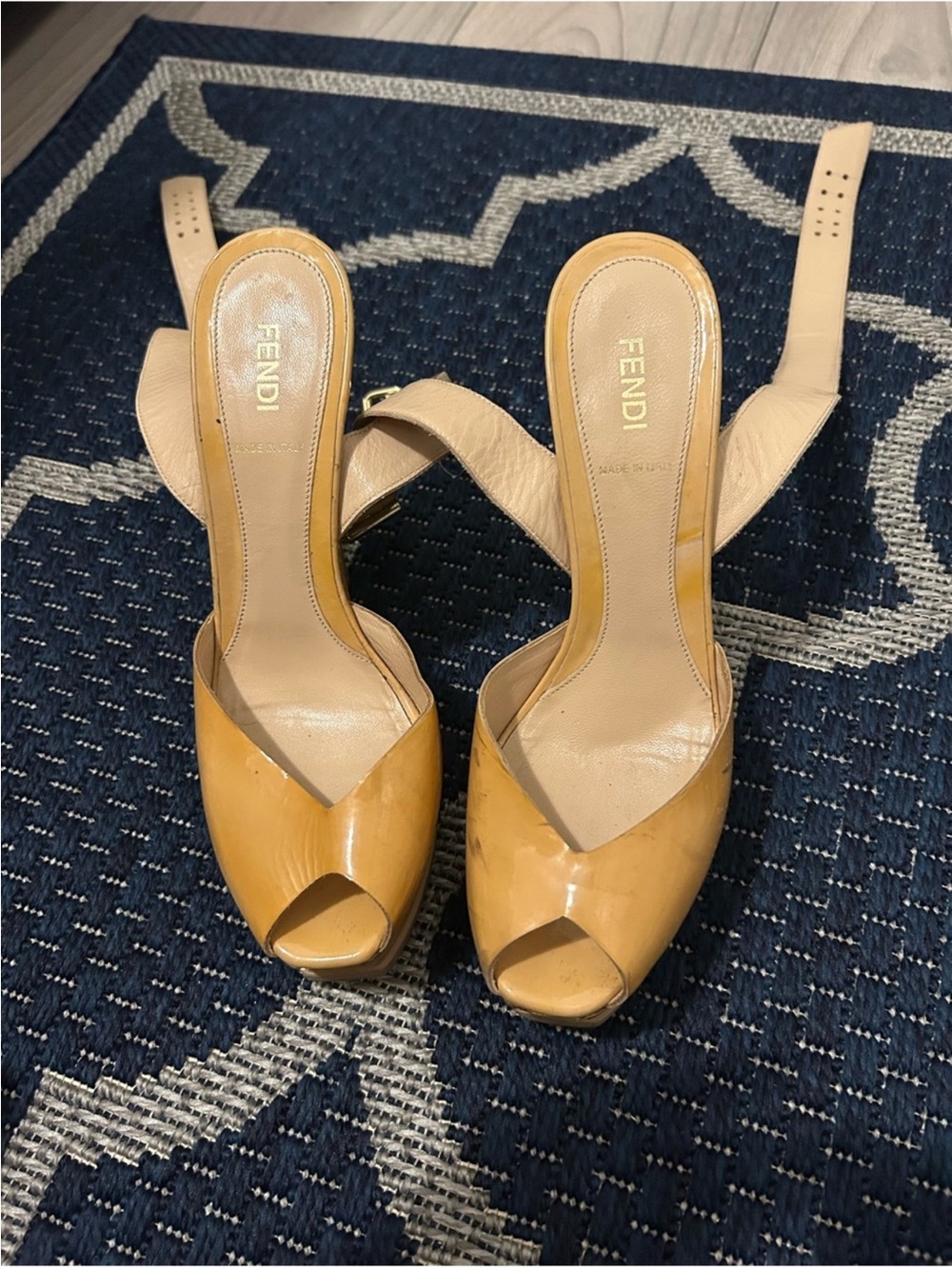 Fendi Women’s Yellow Patent Leather Peep-Toe Slingback Heels